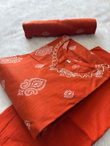 Rust Orange Cotton Printed Kurti Pant & Dupatta Set