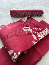 Raspberry Pink Cotton Printed Kurti Pant & Dupatta Set