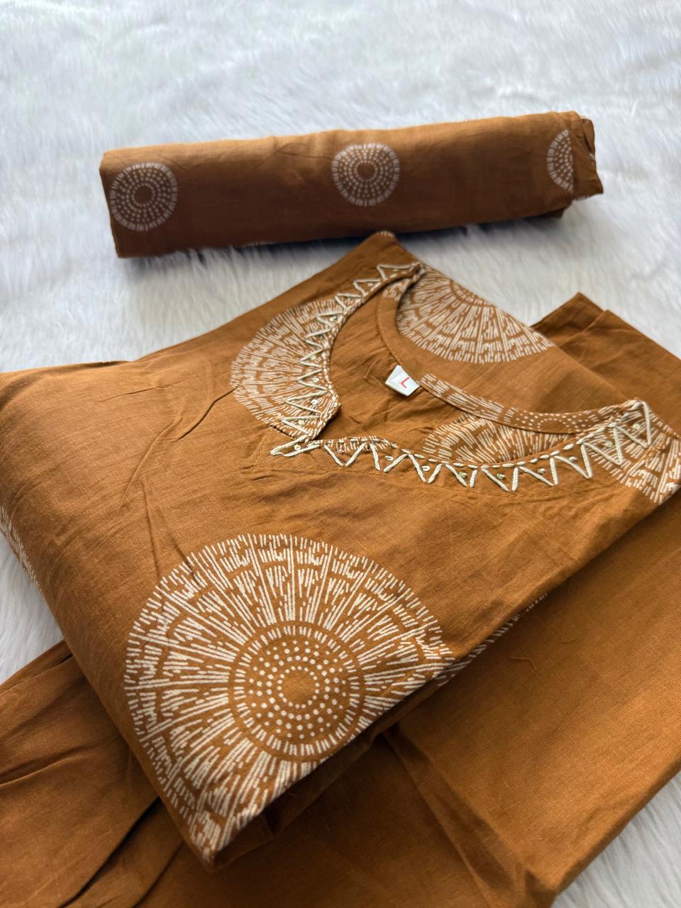 Camel Brown Cotton Printed Kurti Pant & Dupatta Set