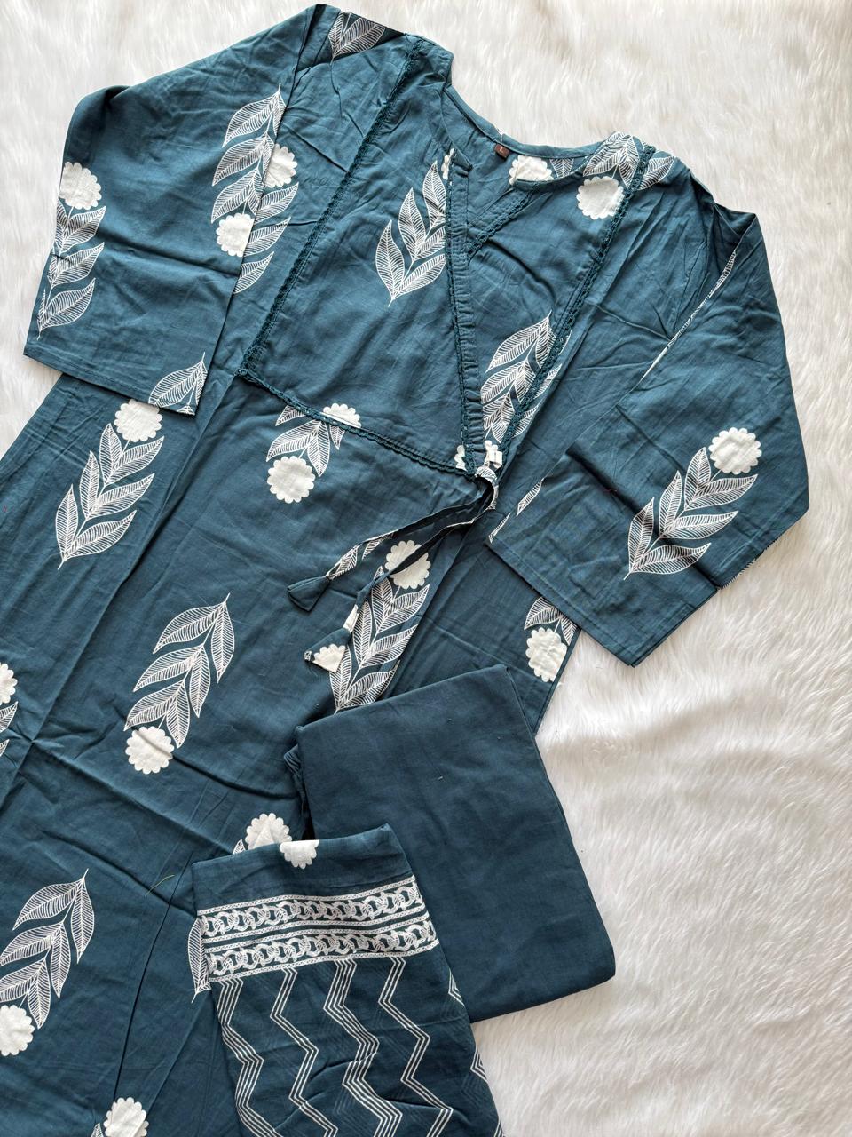 Teal Blue Cotton Printed Kurti Pant & Dupatta Set