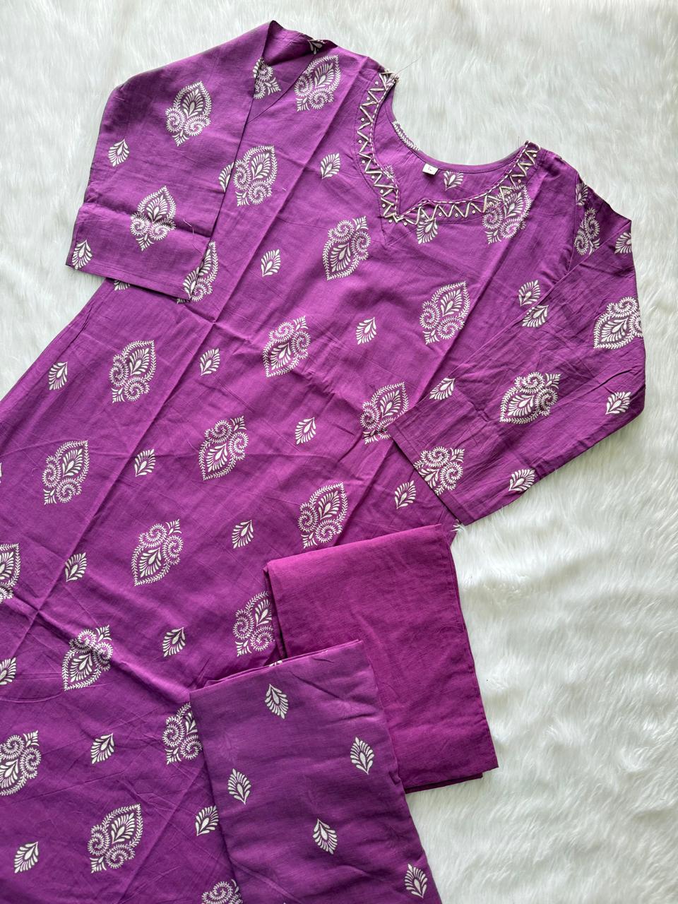 Orchid Purple Cotton Printed Kurti Pant & Dupatta Set
