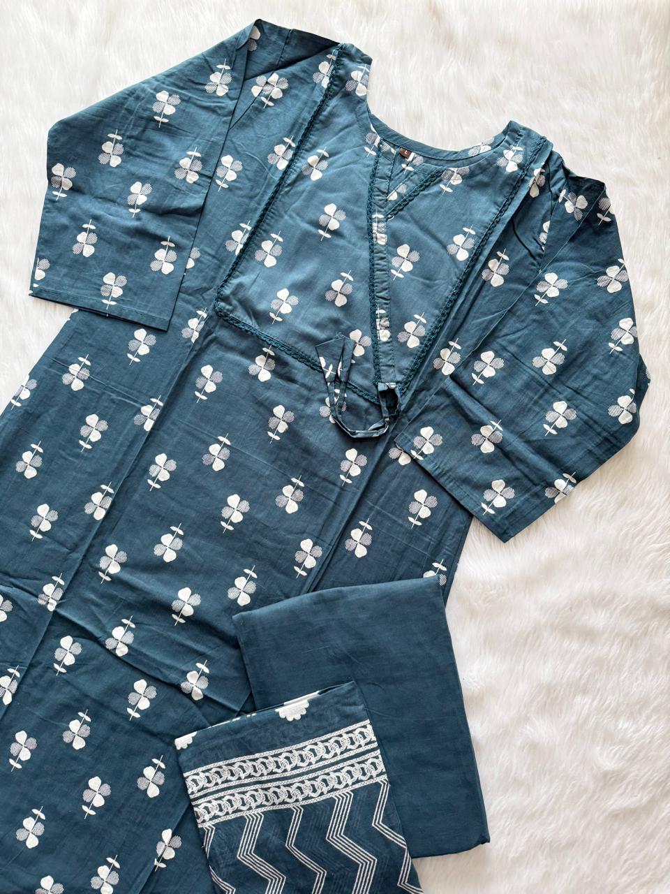 Teal Blue Cotton Printed Kurti Pant & Dupatta Set