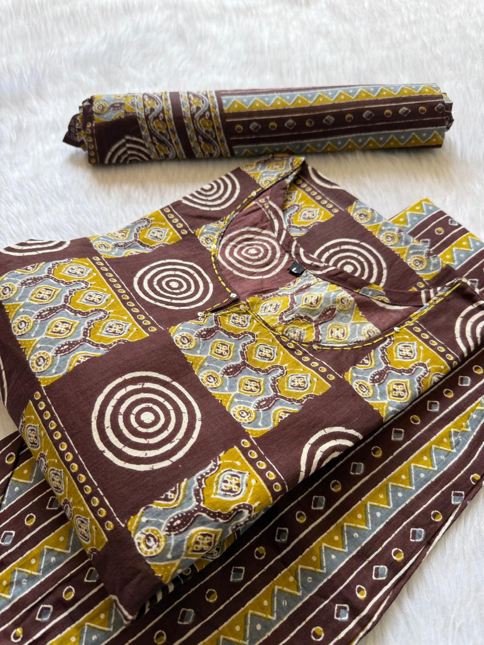 Brown Printed Cotton Kurti Pant & Dupatta Set