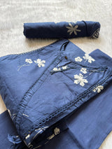Navy Blue Cotton Printed Kurti Pant & Dupatta Set