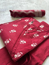 Red Cotton Printed Kurti Pant & Dupatta Set