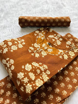 Brown Floral Printed Cotton Kurti Pant & Dupatta Set