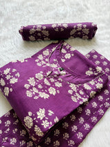 Purple Floral Printed Cotton Kurti Pant & Dupatta Set