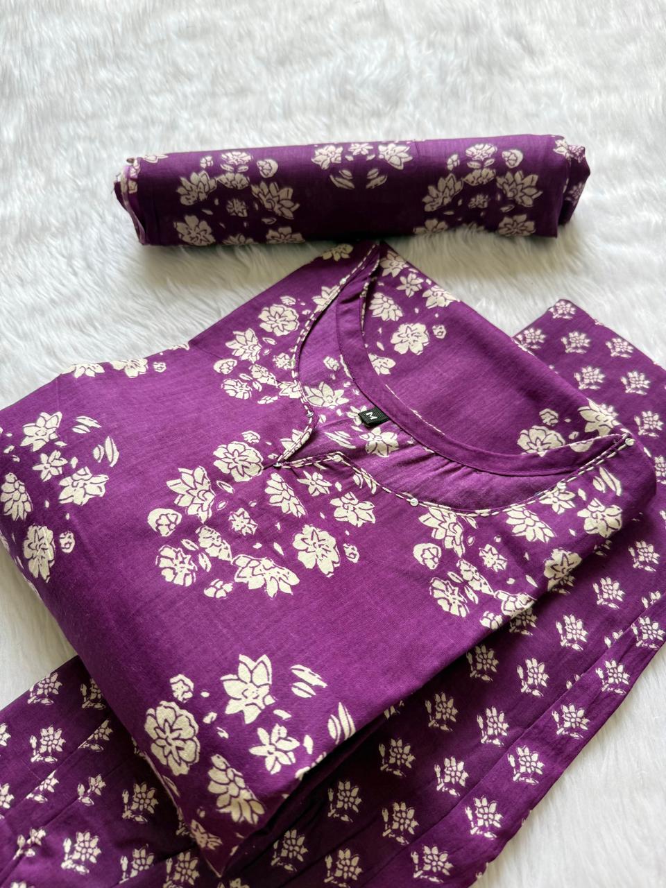 Purple Floral Printed Cotton Kurti Pant & Dupatta Set