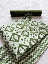 Olive Green Geometric Printed Cotton Kurti Pant & Dupatta Set
