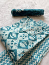 Sky Blue Geometric Printed Cotton Kurti Pant & Dupatta Set
