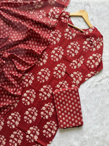 Maroon Floral Printed Cotton Kurti Pant & Dupatta Set