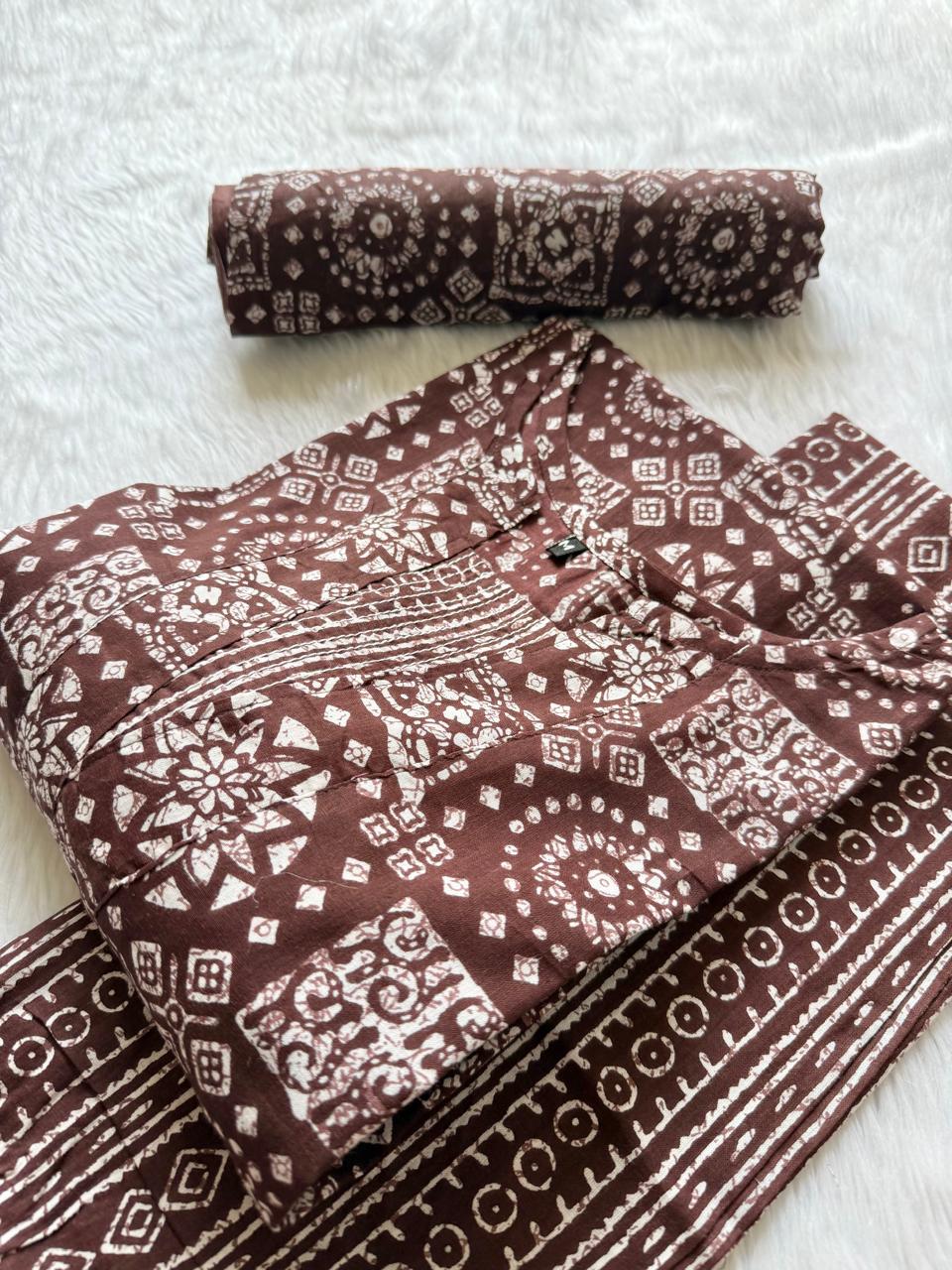 Brown Printed Cotton Kurti Pant & Dupatta Set for Women
