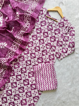 Purple Geometric Printed Cotton Kurti Pant & Dupatta Set