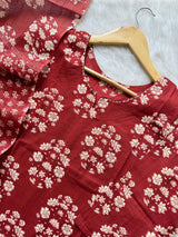 Maroon Floral Printed Cotton Kurti Pant & Dupatta Set