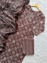 Brown Printed Cotton Kurti Pant & Dupatta Set for Women