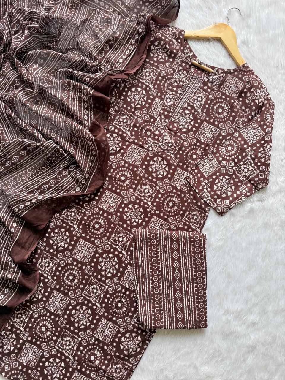 Brown Printed Cotton Kurti Pant & Dupatta Set for Women