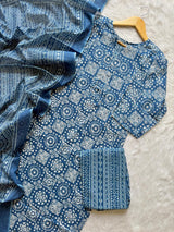 Blue Printed Cotton Round Neck Kurti Pant & Dupatta Set for Women