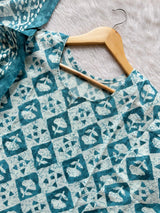 Sky Blue Geometric Printed Cotton Kurti Pant & Dupatta Set