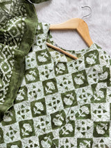 Olive Green Geometric Printed Cotton Kurti Pant & Dupatta Set