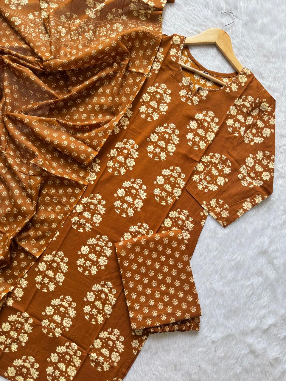 Brown Floral Printed Cotton Kurti Pant & Dupatta Set