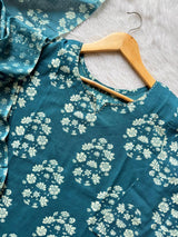 Teal Blue Floral Printed Cotton Kurti Pant & Dupatta Set