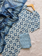Blue Geometric Printed Cotton Kurti Pant & Dupatta Set