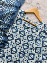 Blue Geometric Printed Cotton Kurti Pant & Dupatta Set