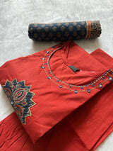 Rust Orange Cotton Embroidered Kurti Palazzo & Printed Dupatta Set