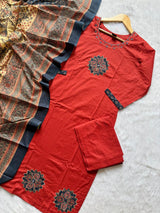 Rust Orange Cotton Embroidered Kurti Palazzo & Printed Dupatta Set