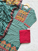Teal Chevron Print Cotton Kurti Palazzo & Dupatta Set