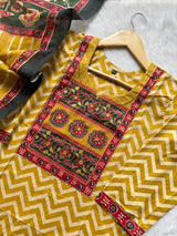 Mustard Yellow Chevron Print Cotton Kurti Palazzo & Dupatta Set