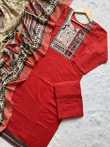 Red Cotton Kurti Palazzo & Printed Dupatta Set
