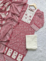 Pink Floral Printed Cotton Kurti Palazzo & Dupatta Set