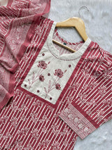 Pink Floral Printed Cotton Kurti Palazzo & Dupatta Set