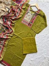 Olive Green Cotton KurtiPalazzo & Printed Dupatta Set for Women
