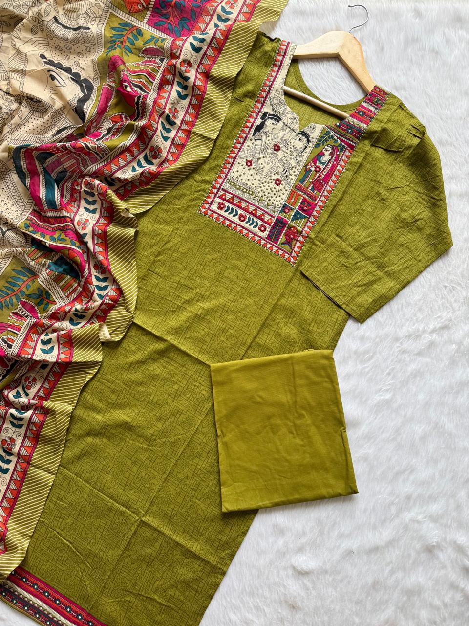 Olive Green Cotton KurtiPalazzo & Printed Dupatta Set for Women