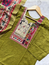 Olive Green Cotton KurtiPalazzo & Printed Dupatta Set for Women