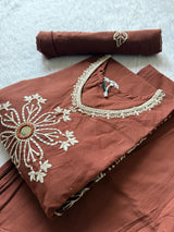 Embroidered Cotton Kurti Pant & Dupatta Set - Brown