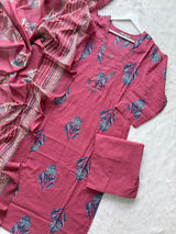 Rose Pink Floral Printed Cotton Kurti Pant & Dupatta Set