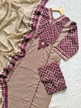 Mauve & Beige Printed Cotton Kurti Pant & Dupatta Set