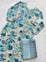 Off White & Royal Blue Floral Print Cotton V-Neck Kurti Pant Set