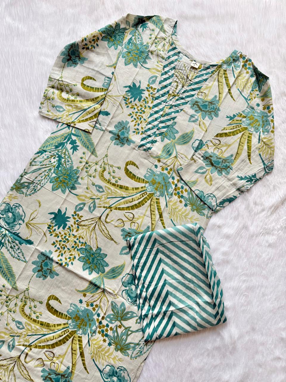 Off White & Teal Green Floral Print Cotton V-Neck Kurti Pant Set