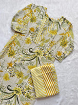 Off White & Mustard Yellow Floral Print Cotton V-Neck Kurti Pant Set