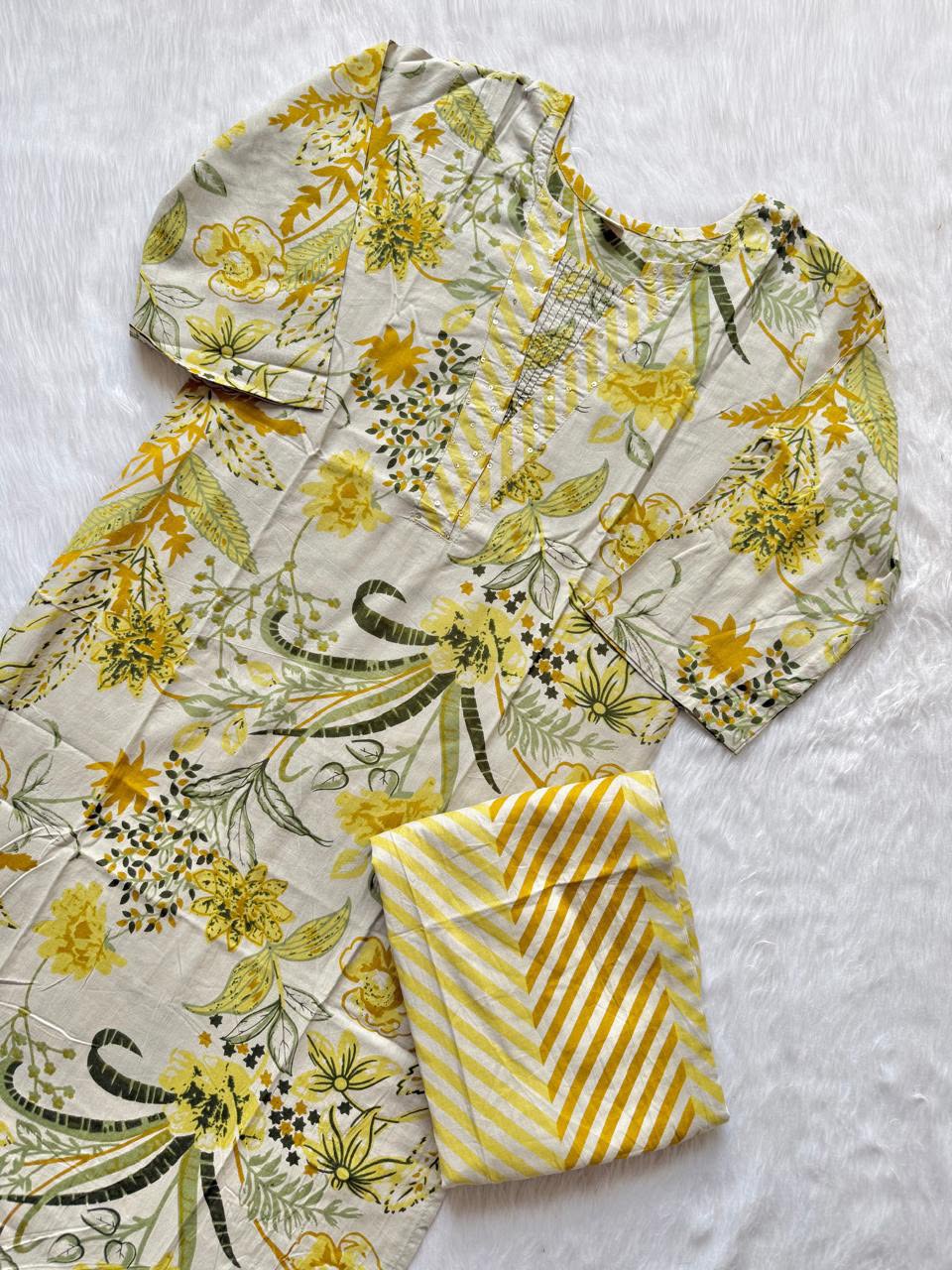 Off White & Mustard Yellow Floral Print Cotton V-Neck Kurti Pant Set