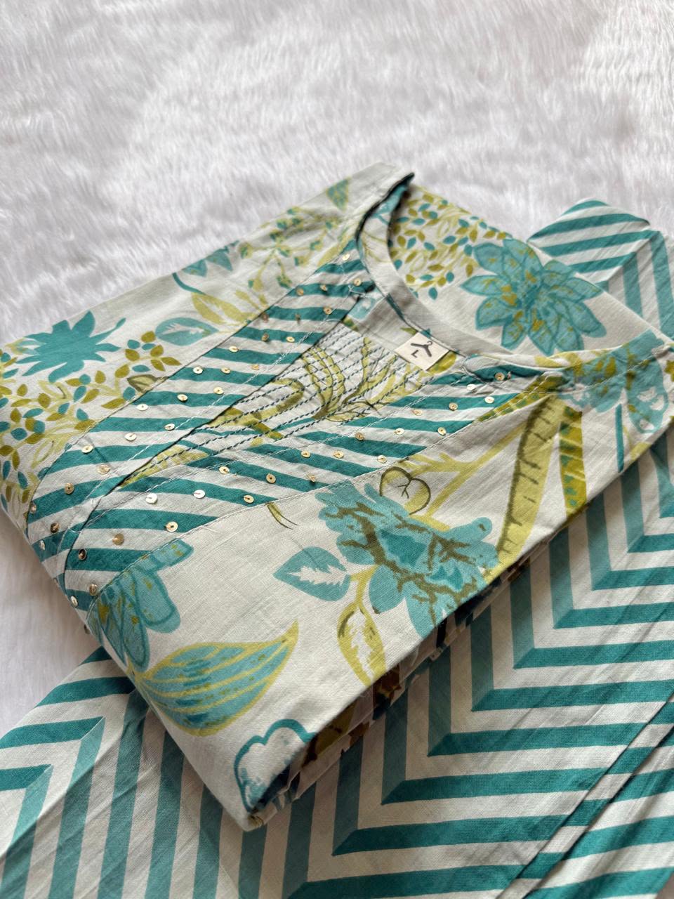 Off White & Teal Green Floral Print Cotton V-Neck Kurti Pant Set
