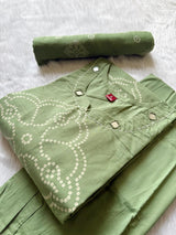 Sage Green Bandhej Discharge Print Cotton Kurti Pant & Dupatta Set