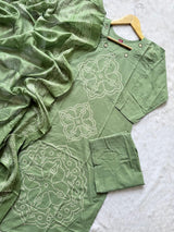 Sage Green Bandhej Discharge Print Cotton Kurti Pant & Dupatta Set