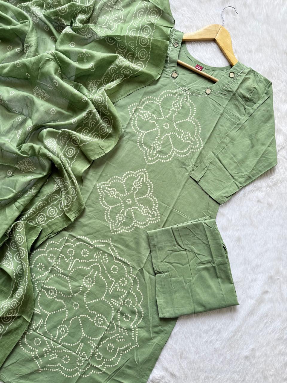 Sage Green Bandhej Discharge Print Cotton Kurti Pant & Dupatta Set