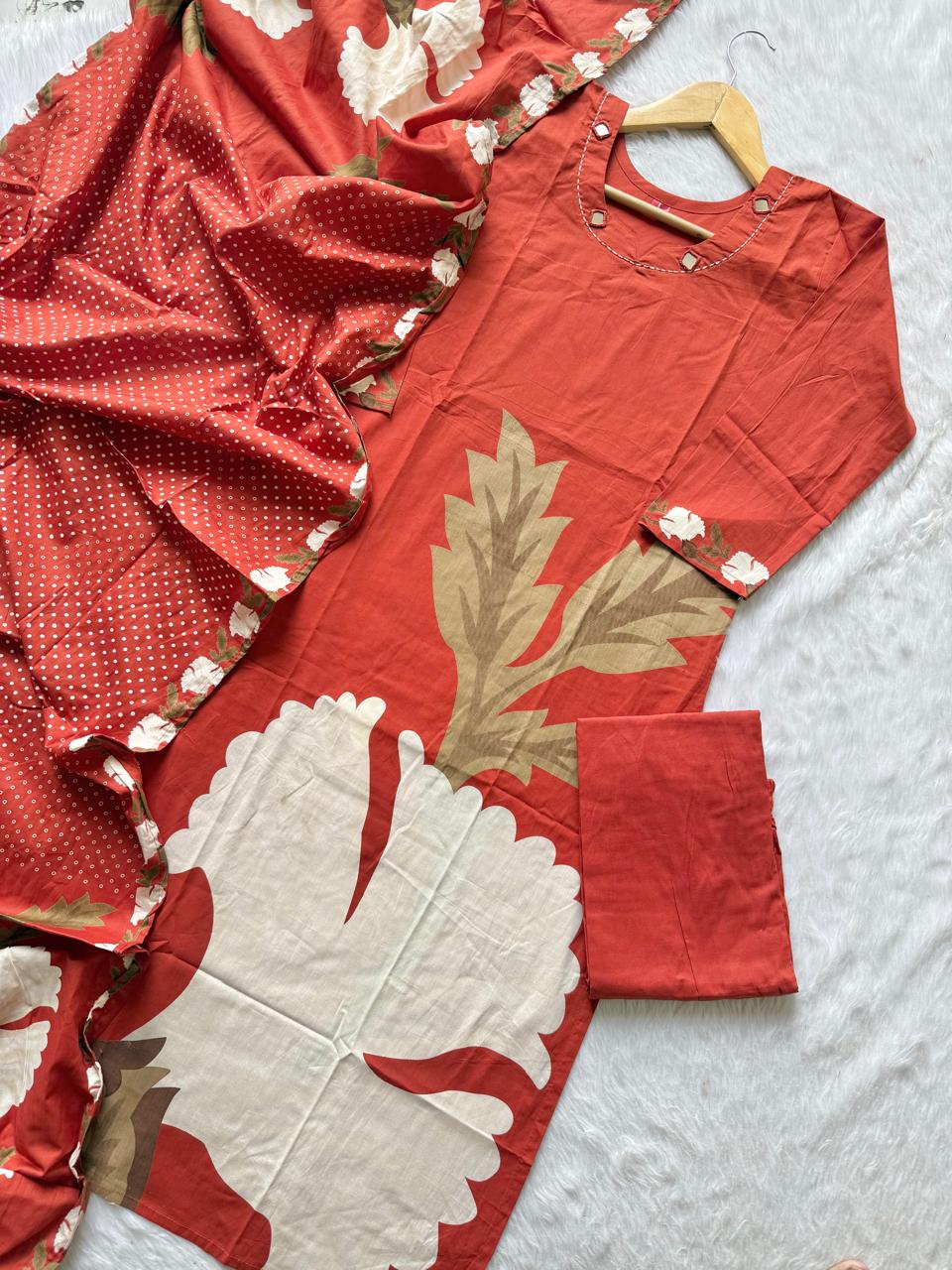Coral Orange Digital Printed Cotton Kurti, Pant & Digital Print Stole Dupatta Set
