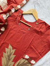 Coral Orange Digital Printed Cotton Kurti, Pant & Digital Print Stole Dupatta Set
